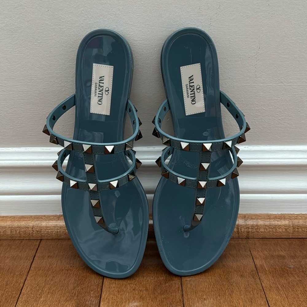 Valentino Blue Rubber Rockstud Thong Sandal